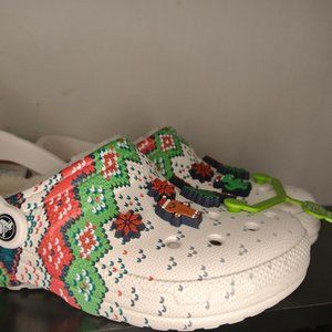 Crocs Classic Lined Holiday Christmas Charm Clog Slippers White Women's 7 Men 5